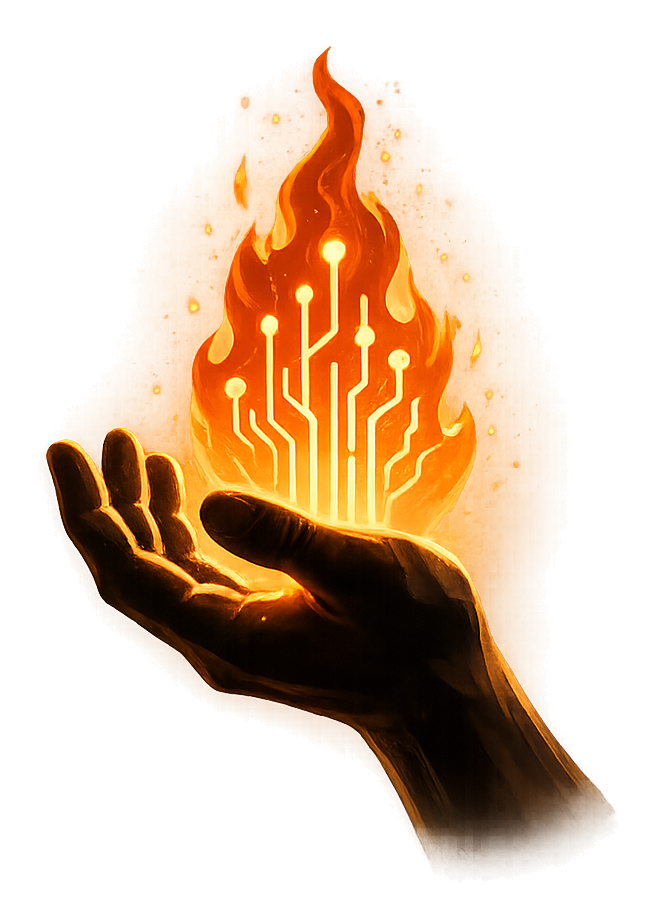 A hand holding a digital flame